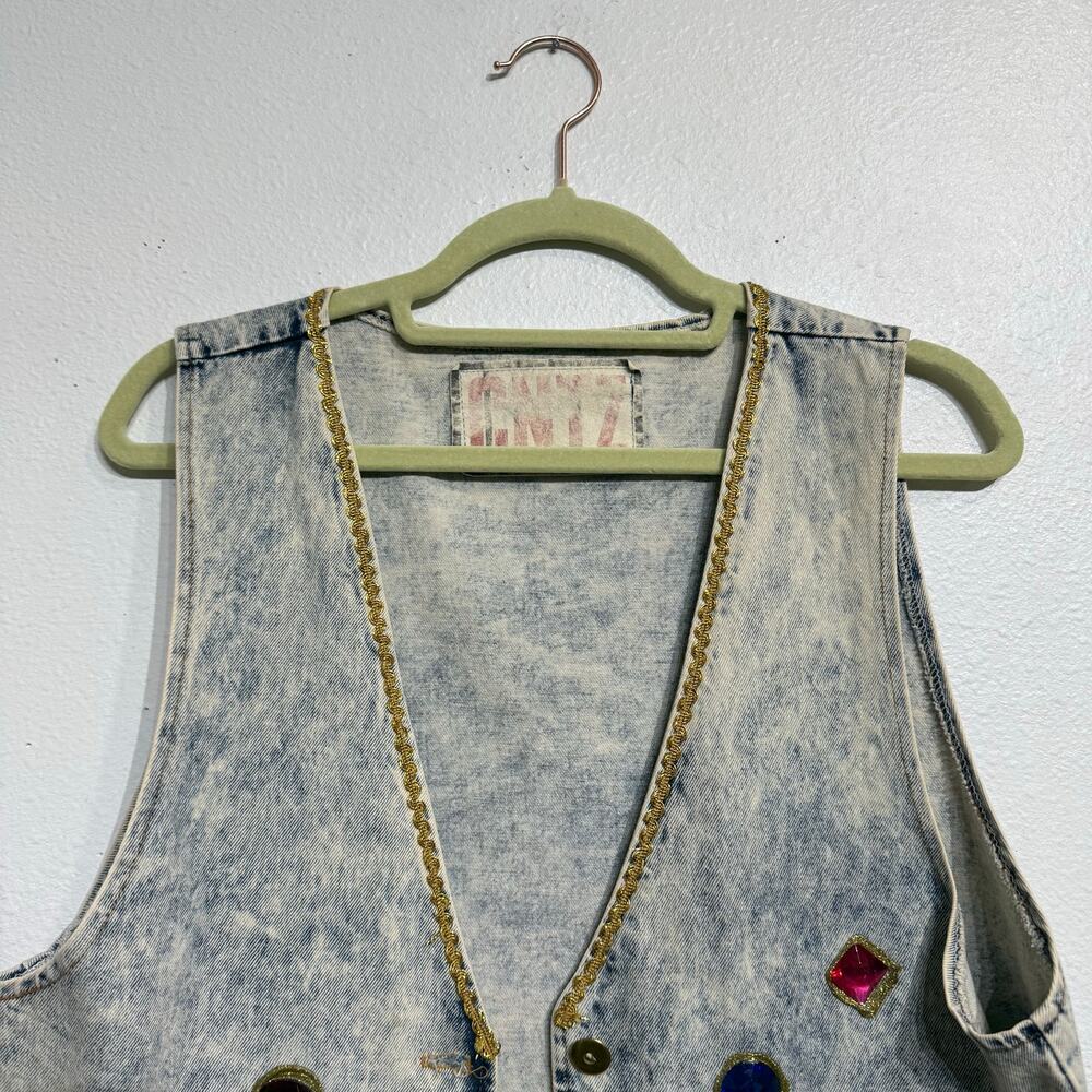 Centz Blue Acid Wash Embellished Vintage Denim Vest Sz M - Picture 3 of 11